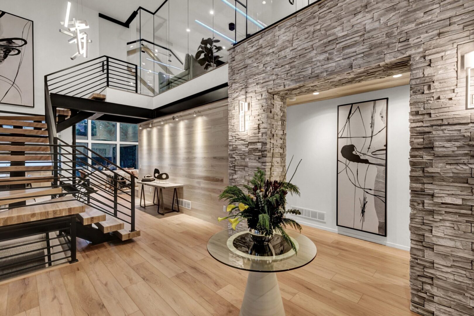 Modern stairs in large two story foyer