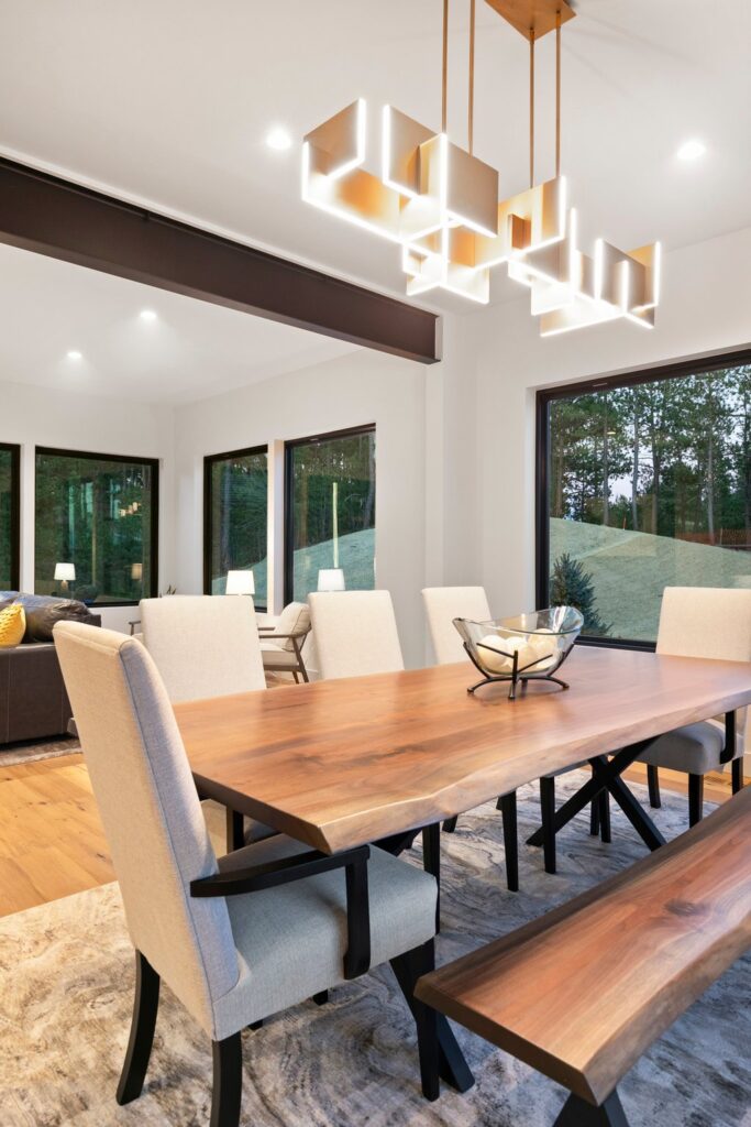 Mountain Modern Dining Room with Chandelier