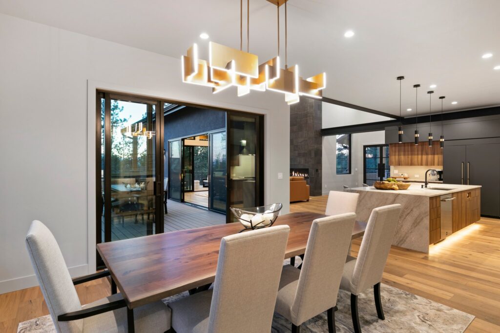 Mountain Modern Dining Room with Chandelier