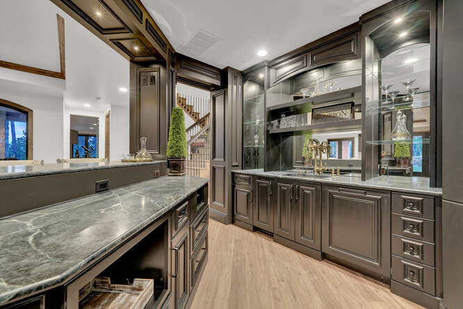 Luxury wet bar with black wood paneling