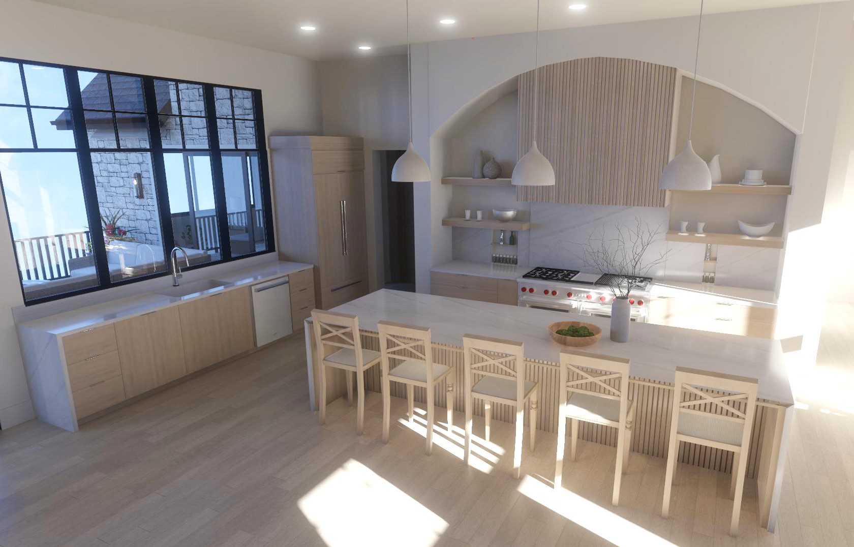 european modern cottage rendering kitchen with large natural wood range hood and island